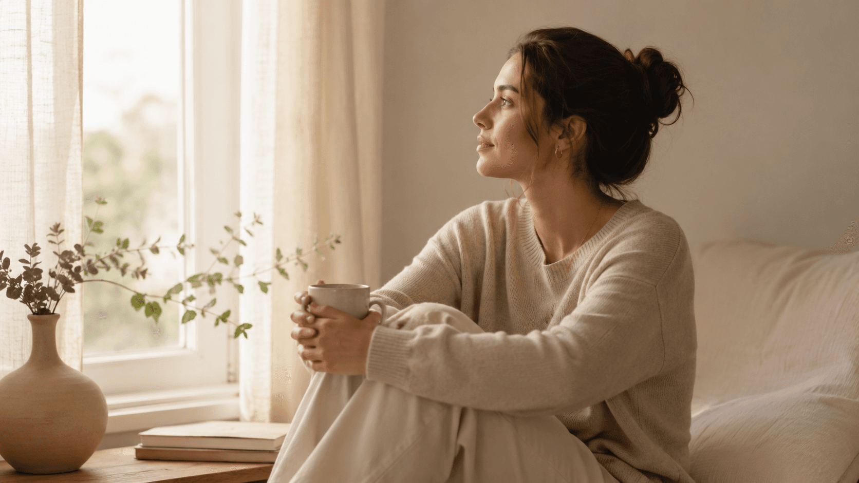 Mujer con una taza mirando por la ventana, luz natural