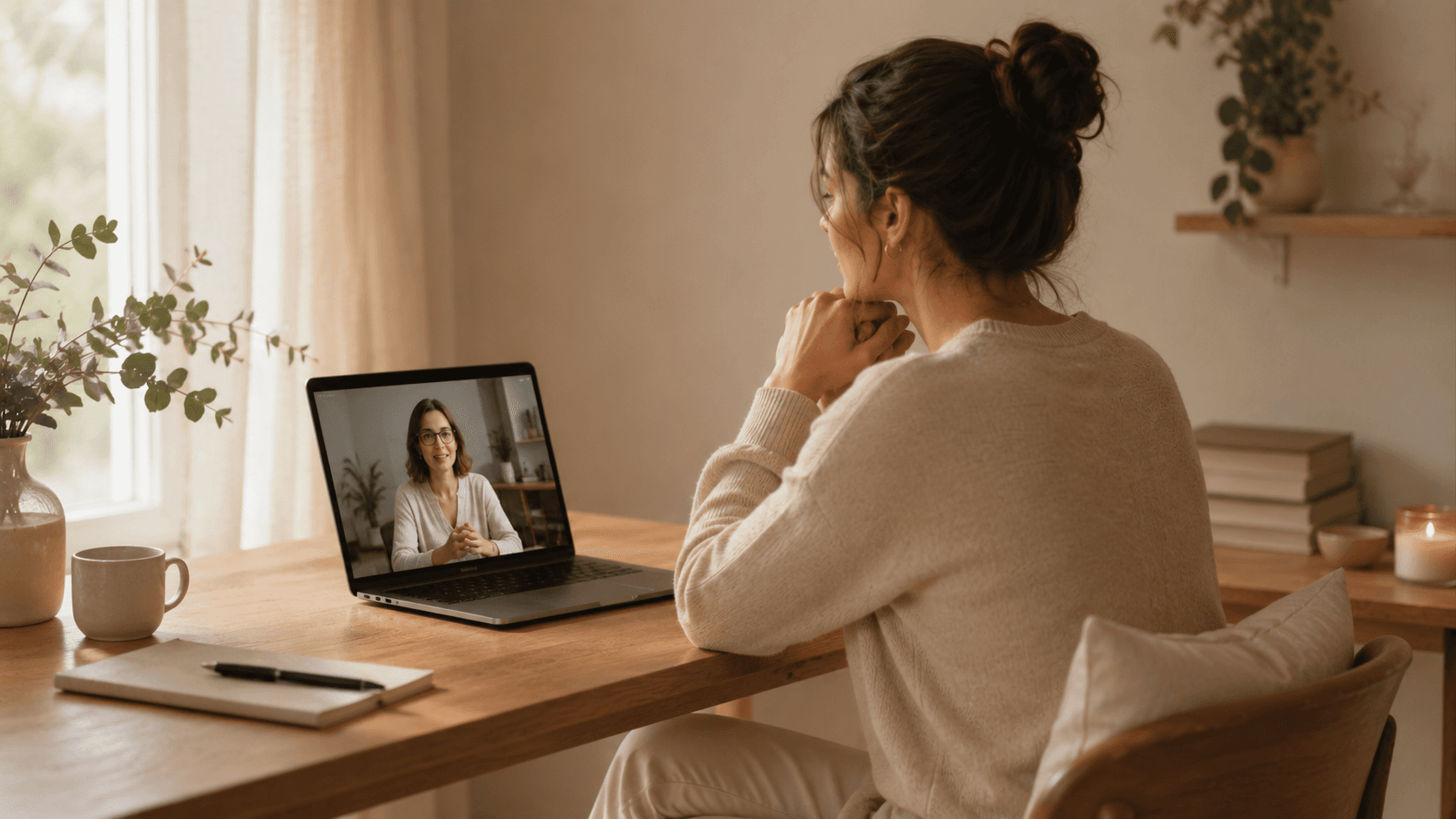 Persona en una sesión de psicología online desde su escritorio