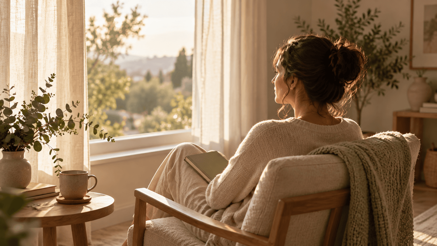Persona sentada junto a una ventana con un cuaderno cerrado sobre las rodillas, mirando hacia afuera con luz de tarde