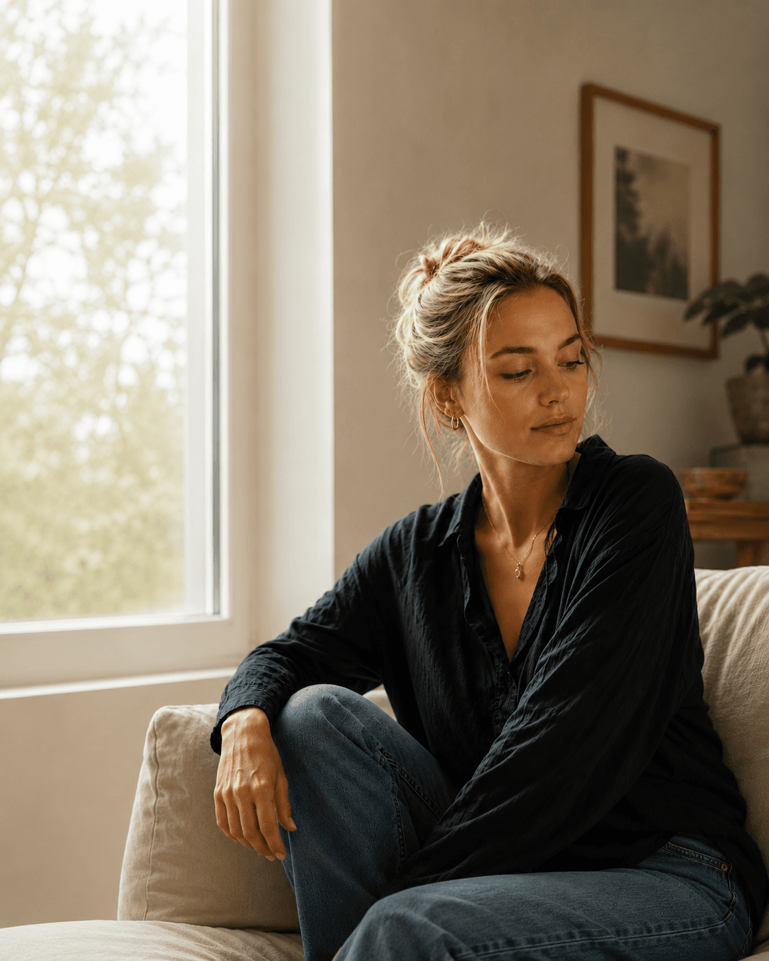 Una mujer sentada junto a una ventana, en calma